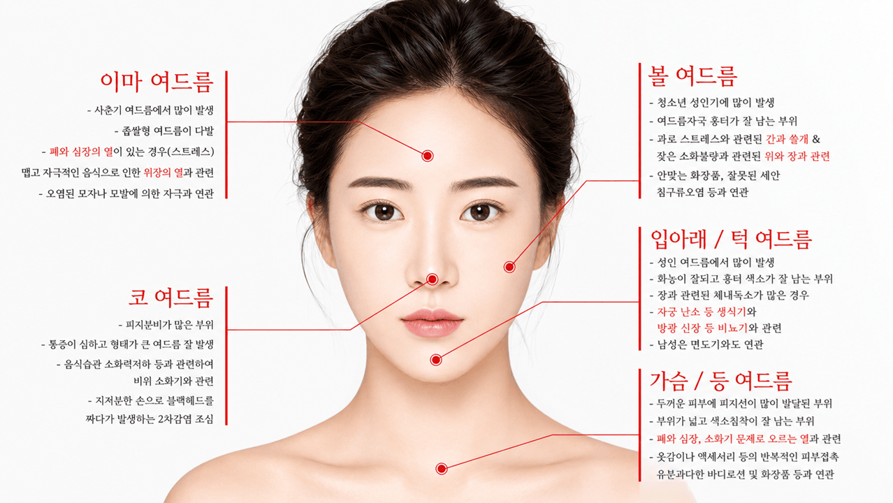 /images/07-skin-treatment/acne-face-map.png 부위별 여드름 원인 — 이마 · 볼 · 코 · 입 아래/턱 · 가슴/등 여드름