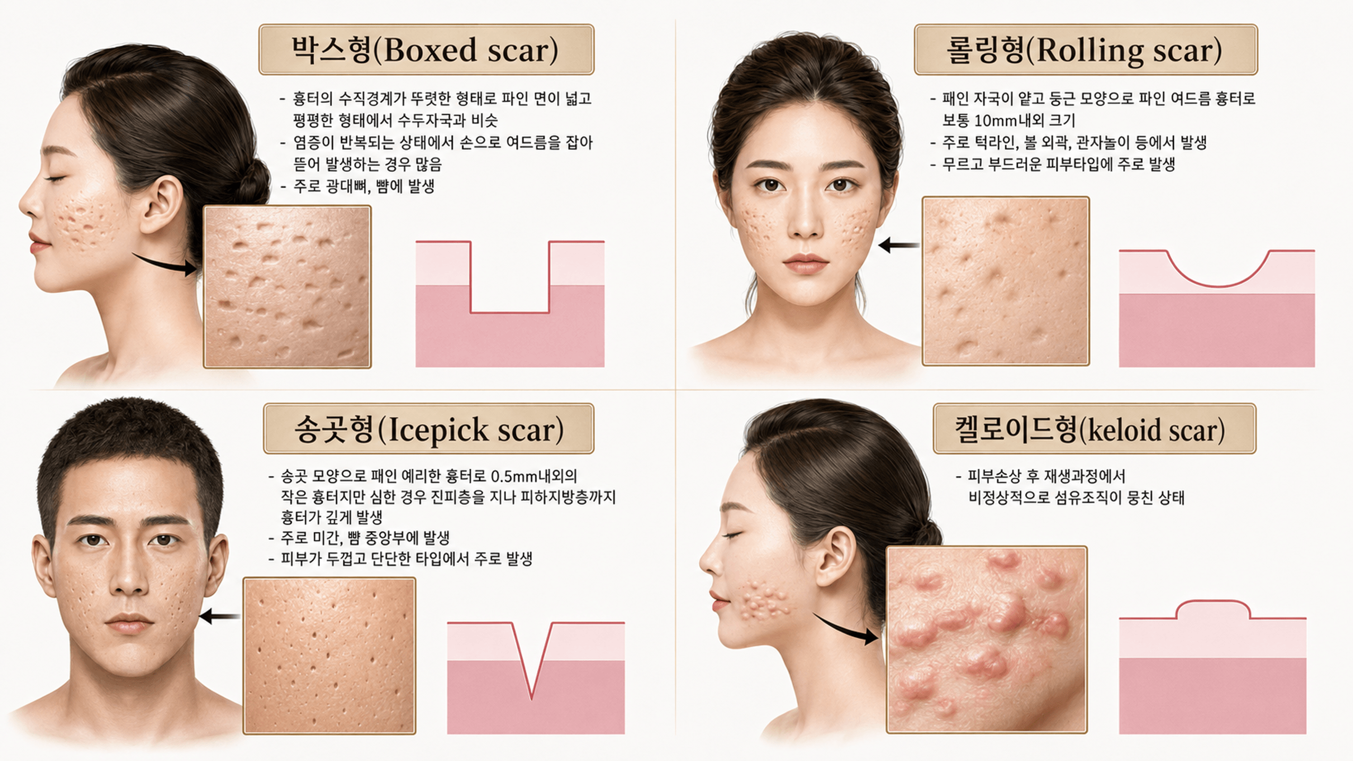 /images/07-skin-treatment/acne-scar-types.png 여드름 흉터 종류 — 박스형 · 롤링형 · 송곳형 · 켈로이드형