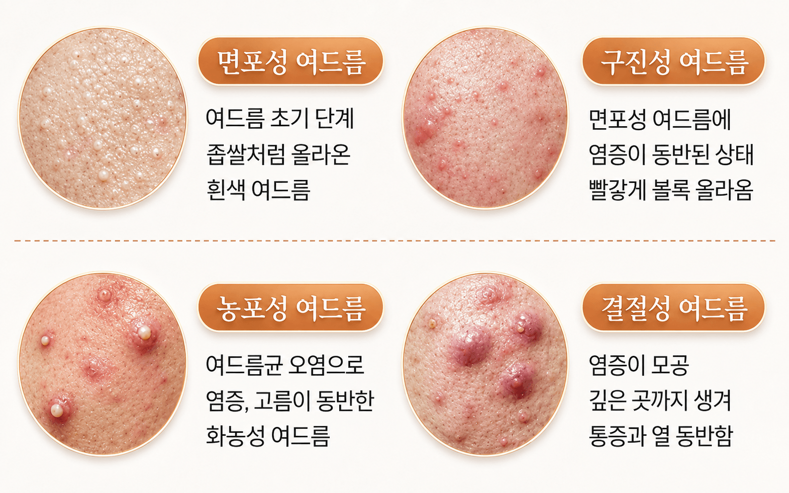 /images/07-skin-treatment/acne-types.png 여드름 종류 — 면포성 · 구진성 · 농포성 · 결절성 여드름