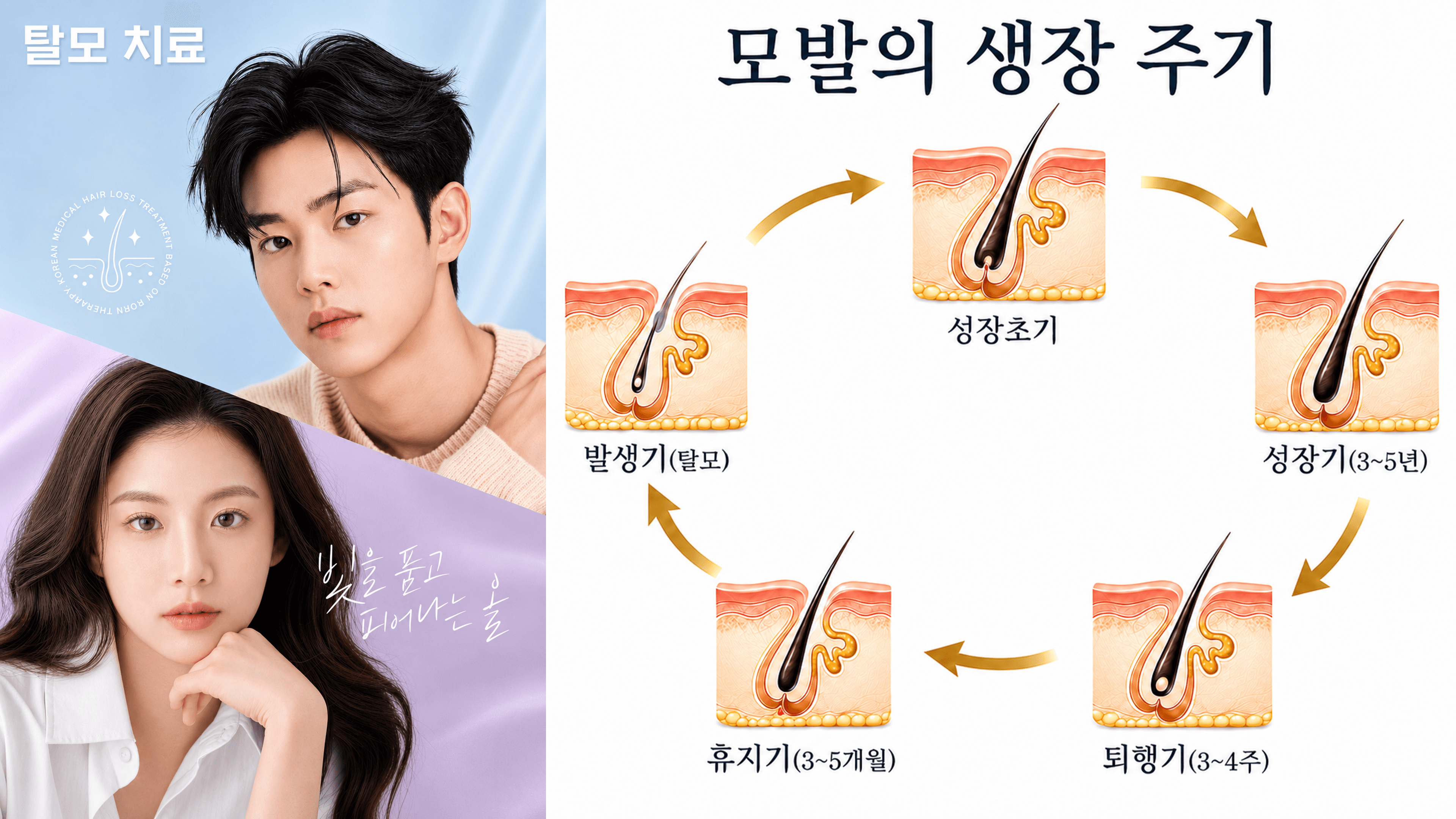 /images/07-skin-treatment/hairloss-cycle.png 탈모 치료 · 모발의 생장 주기 (성장초기 → 성장기 → 퇴행기 → 휴지기 → 발생기)