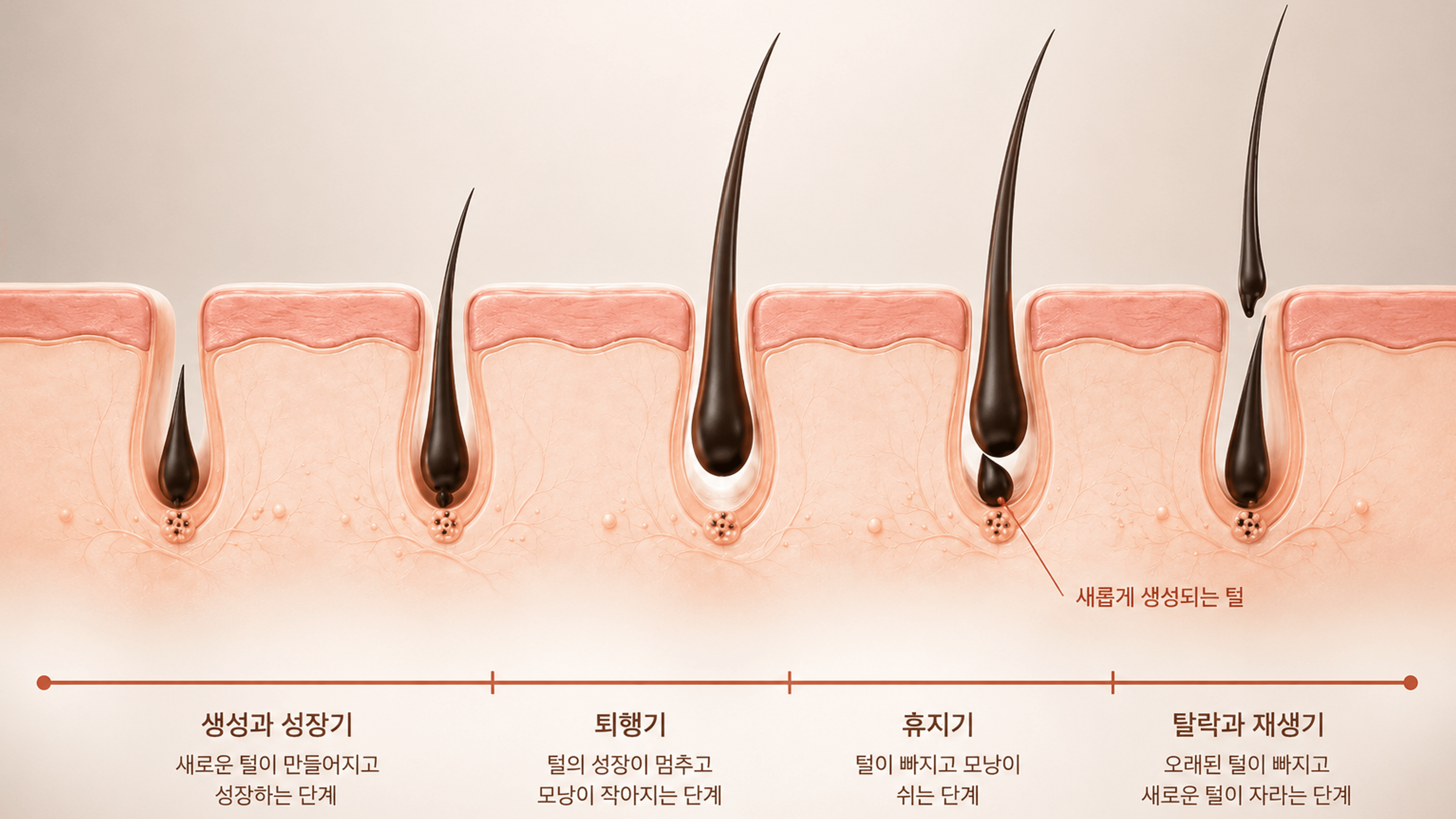 /images/10-hair-removal/hairremoval-cycle.png 모발 생장 주기 — 생성과 성장기 · 퇴행기 · 휴지기 · 탈락과 재생기